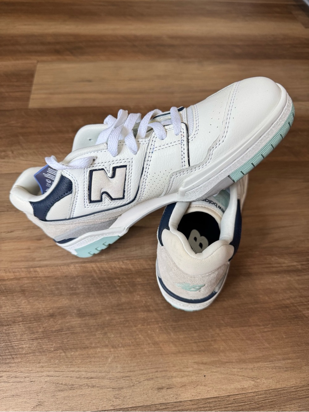 New Balance White Sneakers with Navy and Mint Accents